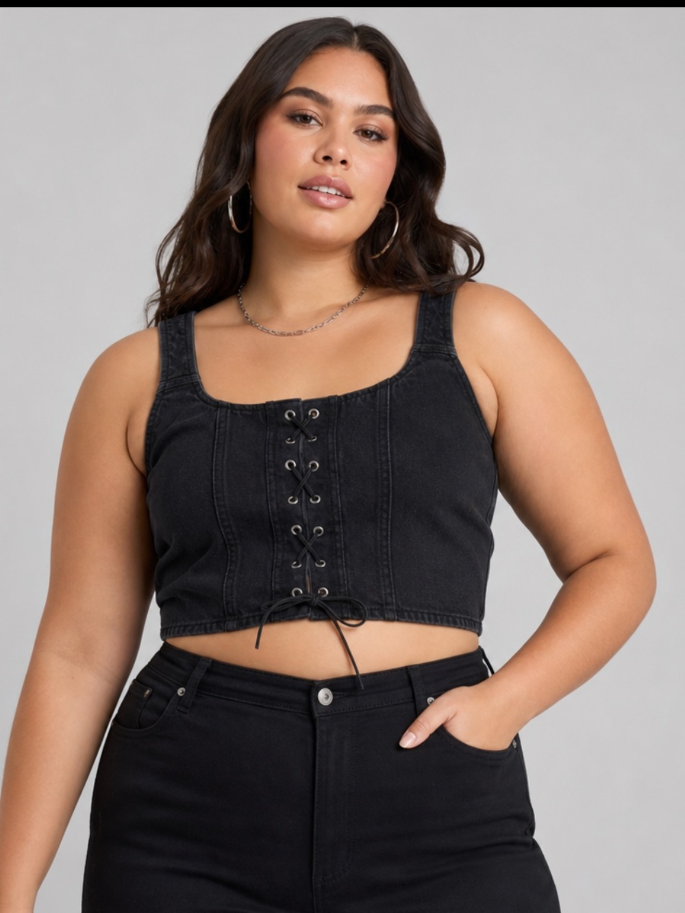 Wild Fable Black Lace‑Up Denim Corset Crop Top – Women’s XL